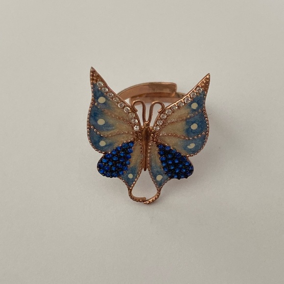 925 Silver ring blue butterfly sapphire cz rose gold plated - Picture 2 of 4
